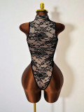 Women Solid Sexy Lace Hollow Neck Sleeveless Tight-Fitting Fashion Bodysuit
