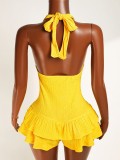 Yellow Halter Neck Ruched Slim Waist Slim Fit Jumpsuit