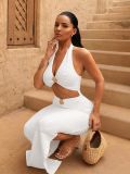 Women Halter Neck Sleeveless Strapless Hollow Out High-Waist Split Long Dress