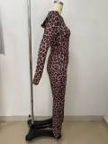 Leopard Print Hooded Zip Top Flare Pants Slim Fit Sexy Leopard Set