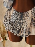 Fashion Leopard Print Halter Neck Lace-Up Vest Open Waist Sexy Ruffle Dress