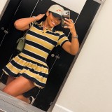 Summer Women Fashion Turndown Collar Striped Sports Trend Short Sleeve Dress