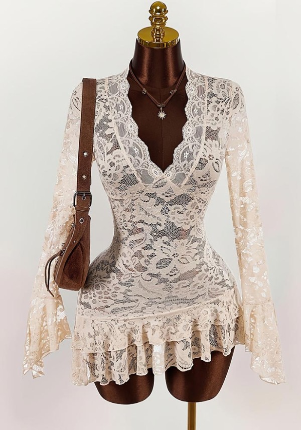 Spring Lace Hollow Bodycon Mini Dress
