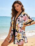 Tropical Floral Print Lace-Trimmed Loose Beach Cover-Up Cardigan