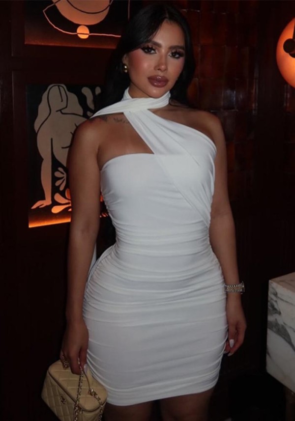 Slim Fit Women Halter Neck Chic Ruched Strapless Solid Lace-Up Bodycon Dress