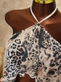 Fashion Leopard Print Halter Neck Lace-Up Vest Open Waist Sexy Ruffle Dress