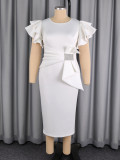 Plus Size Women Summer White Round Neck Ruffle Dress Slim Waist Rhinestone Bow Maxi Bodycon Dress