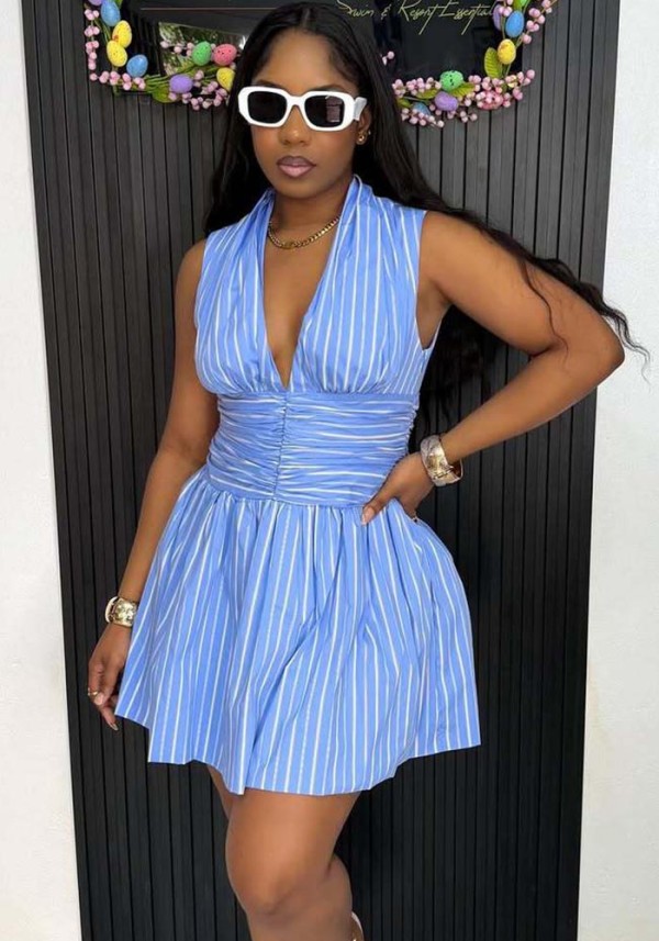 Spring Women Fashion Striped Sleeveless Slim Waist Flared Short Dress