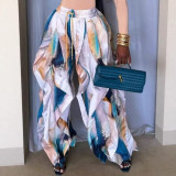 Artistic Tie-Dye Drawstring High-Waist Ruffle Blue-Orange Color Block Loose Casual Pants