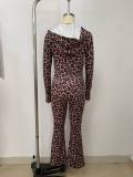 Leopard Print Hooded Zip Top Flare Pants Slim Fit Sexy Leopard Set