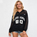 Summer Women Letter Hollow-Knit Zipper Loose Sun-Protective Cardigan