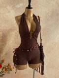 Summer High Street Low Back Circle-Decor Solid Color Women Jumpsuit