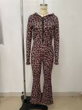 Leopard Print Hooded Zip Top Flare Pants Slim Fit Sexy Leopard Set
