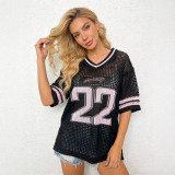 Women Letter Hollow-Knit V-Neck Short Sleeve Loose Sun-Protective Cardigan