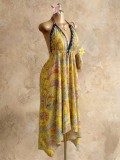 Boho Strappy Deep V Long Dress High-Waist Printed Summer Beach Low Back Sexy Dress