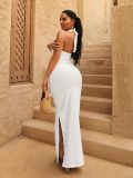 Women Halter Neck Sleeveless Strapless Hollow Out High-Waist Split Long Dress
