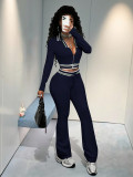 Fashion Women Zip Short Open Waist Top Tight-Fitting Casual Pants Sports Two-Piece Set
