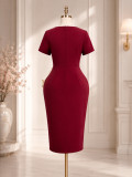 Plus Size Women Summer Burgundy Color-Block Bodycon Dress Asymmetric Ruffle Short Sleeve Office Dress