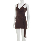 Summer Women Solid Color Strappy Low Back Knot Lace-Up Bodycon Mini Skirt Set