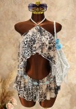 Fashion Leopard Print Halter Neck Lace-Up Vest Open Waist Sexy Ruffle Dress