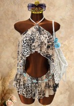 Fashion Leopard Print Halter Neck Lace-Up Vest Open Waist Sexy Ruffle Dress Fashion Leopard Print Halter Neck Lace-Up Vest Open Waist Sexy Ruffle Dress