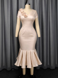 Plus Size Women Summer Champagne V-Neck Floral Slim Waist Mermaid Bodycon Dress