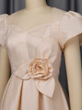 Plus Size Women Summer Champagne Floral Slim Waist Puff Dress Formal Party Dress