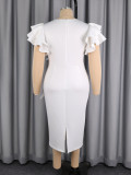 Plus Size Women Summer White Round Neck Ruffle Dress Slim Waist Rhinestone Bow Maxi Bodycon Dress
