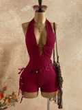 Summer High Street Low Back Circle-Decor Solid Color Women Jumpsuit
