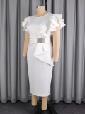 Plus Size Women Summer White Round Neck Ruffle Dress Slim Waist Rhinestone Bow Maxi Bodycon Dress