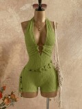 Summer High Street Low Back Circle-Decor Solid Color Women Jumpsuit