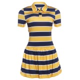Summer Women Fashion Turndown Collar Striped Sports Trend Short Sleeve Dress