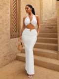 Women Halter Neck Sleeveless Strapless Hollow Out High-Waist Split Long Dress