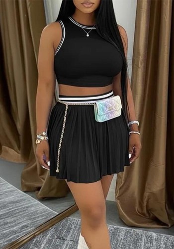 Women Sleeveless Crop Top Casual Pleated Skirt Two-Piece Set