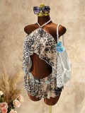 Fashion Leopard Print Halter Neck Lace-Up Vest Open Waist Sexy Ruffle Dress