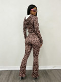 Leopard Print Hooded Zip Top Flare Pants Slim Fit Sexy Leopard Set