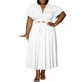 Plus Size Women Ruffle Sleeve Drawstring Pocket V-Neck Top and Skirt Two-Piece Set