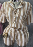 Women Spring/Summer African Short-Sleeve Striped Top and Shorts Two-Piece Set