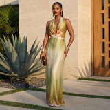 Women Gradient Backless Halter Neck Sleeveless Bodycon Dress
