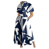 Plus Size Women Printed V-Neck Short-Sleeve Dress