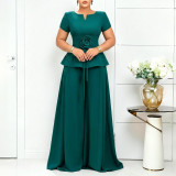 Plus Size Women Summer Elegant Short-Sleeve Ruffle Top and Wide-Leg Pants Two-Piece Set