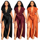 Plus Size Women Summer Sexy Ruffle Wide-Leg Slit Jumpsuit