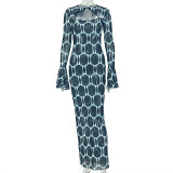 Women Printed Regular Sexy Hollow-Out Long Sleeve Bodycon Dress