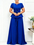 Plus Size Women Summer Elegant Short-Sleeve Ruffle Top and Wide-Leg Pants Two-Piece Set