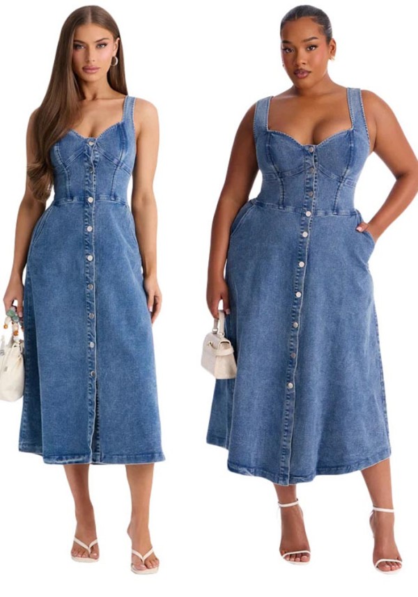 Women Sexy Sleeveless Backless Button Denim Dress