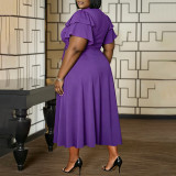 Plus Size Women Ruffle Sleeve Drawstring Pocket V-Neck Top and Skirt Two-Piece Set