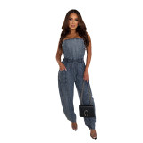 Women Strapless Off Shoulder Denim Wide-Leg Jumpsuit