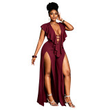 Plus Size Women Summer Sexy Ruffle Wide-Leg Slit Jumpsuit
