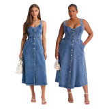 Women Sexy Sleeveless Backless Button Denim Dress