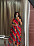 Women Pleated African Rainbow Striped Holidays Casual Sleeveless Dress